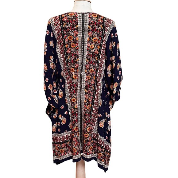 Angie Boho V Neck Peasant Floral Print Kimono Dress 2X Cover Up Navy Multicolor - Picture 4 of 7
